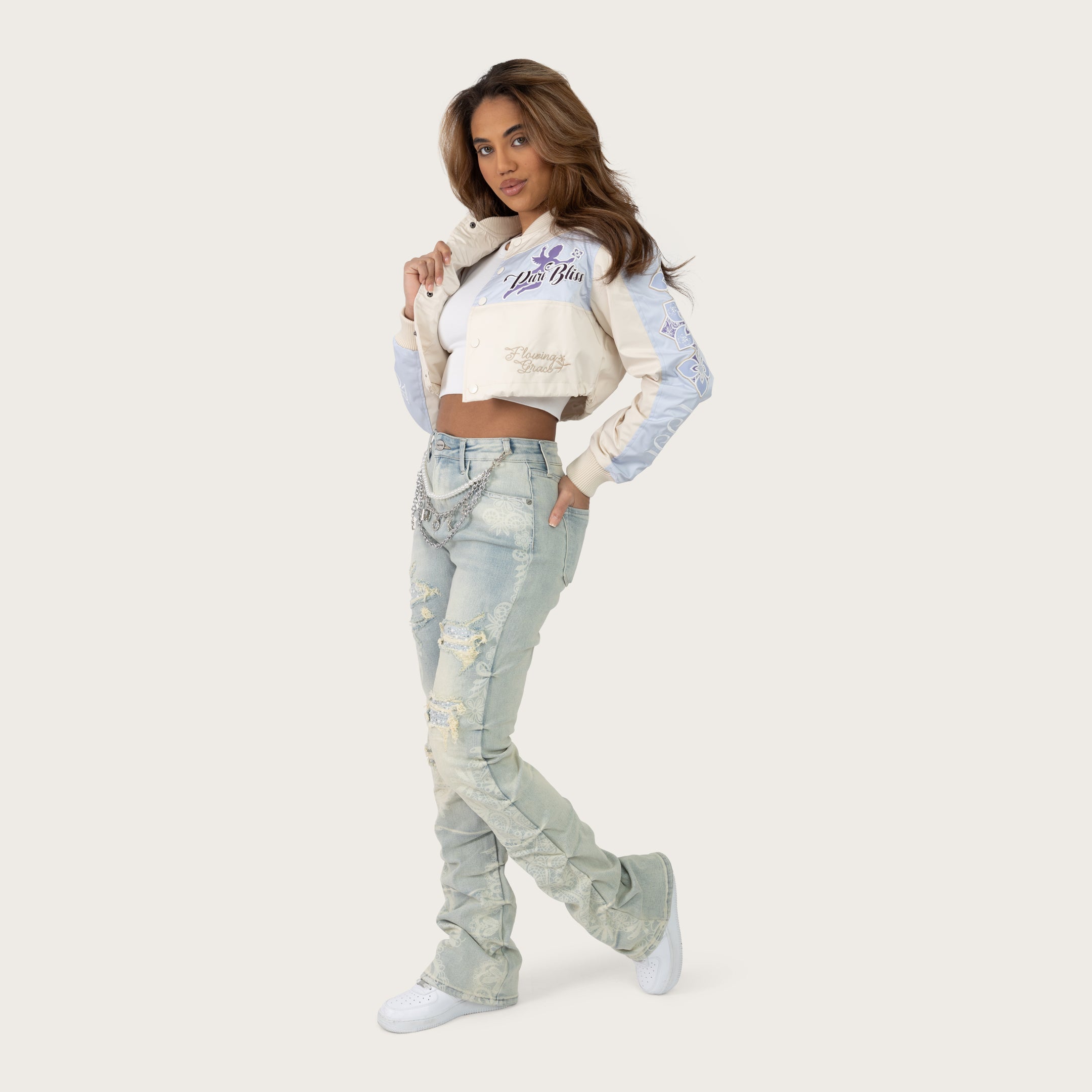 High Rise Bootcut Chain Jeans - Anise Blue