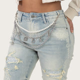 High Rise Bootcut Chain Jeans - Anise Blue