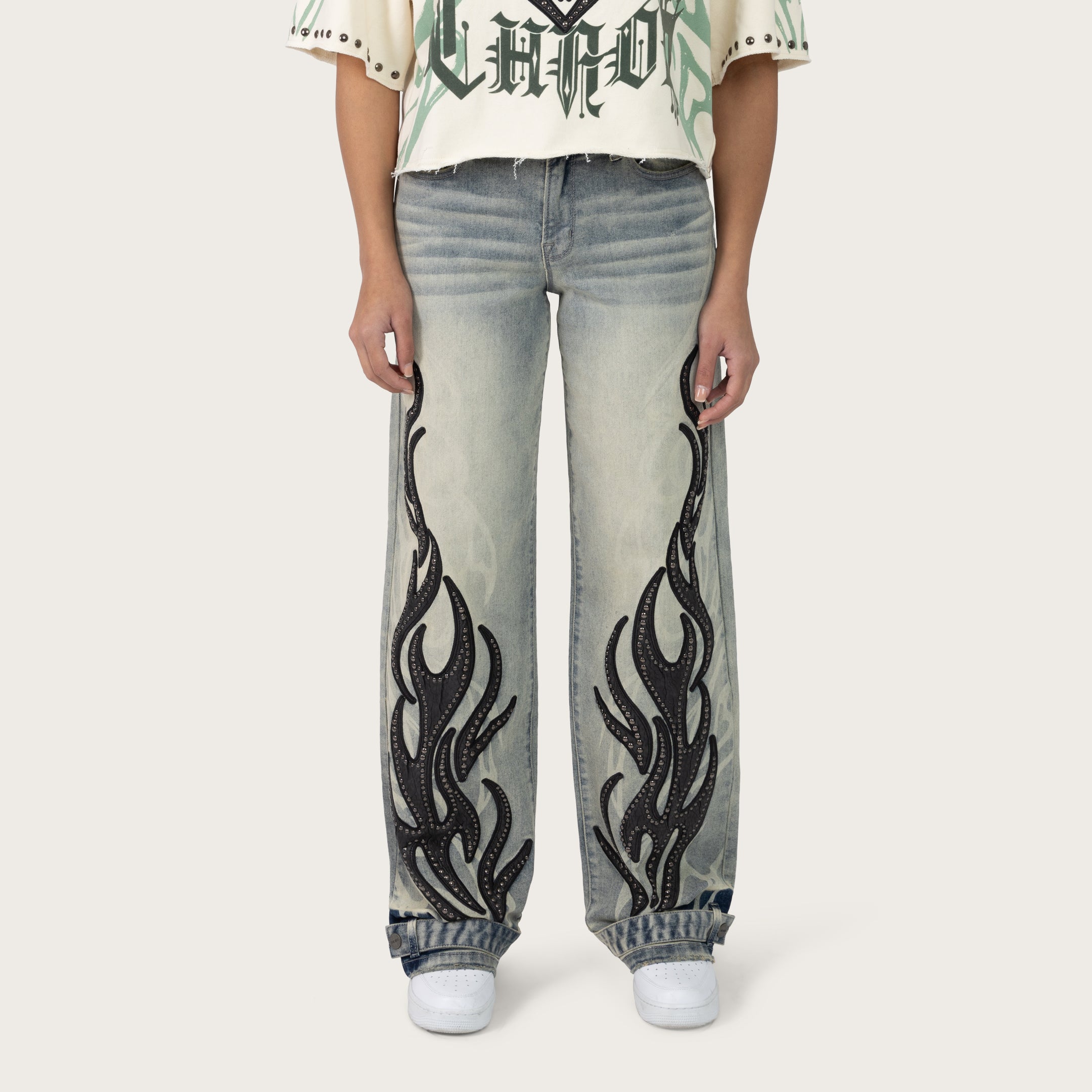 Mid Rise Wide Leg Patched Jeans - Ether Blue