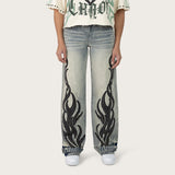 Mid Rise Wide Leg Patched Jeans - Ether Blue