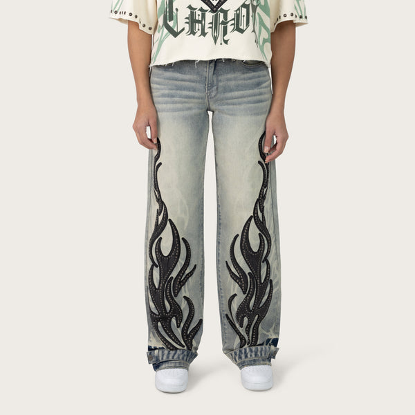 Mid Rise Wide Leg Patched Jeans - Ether Blue