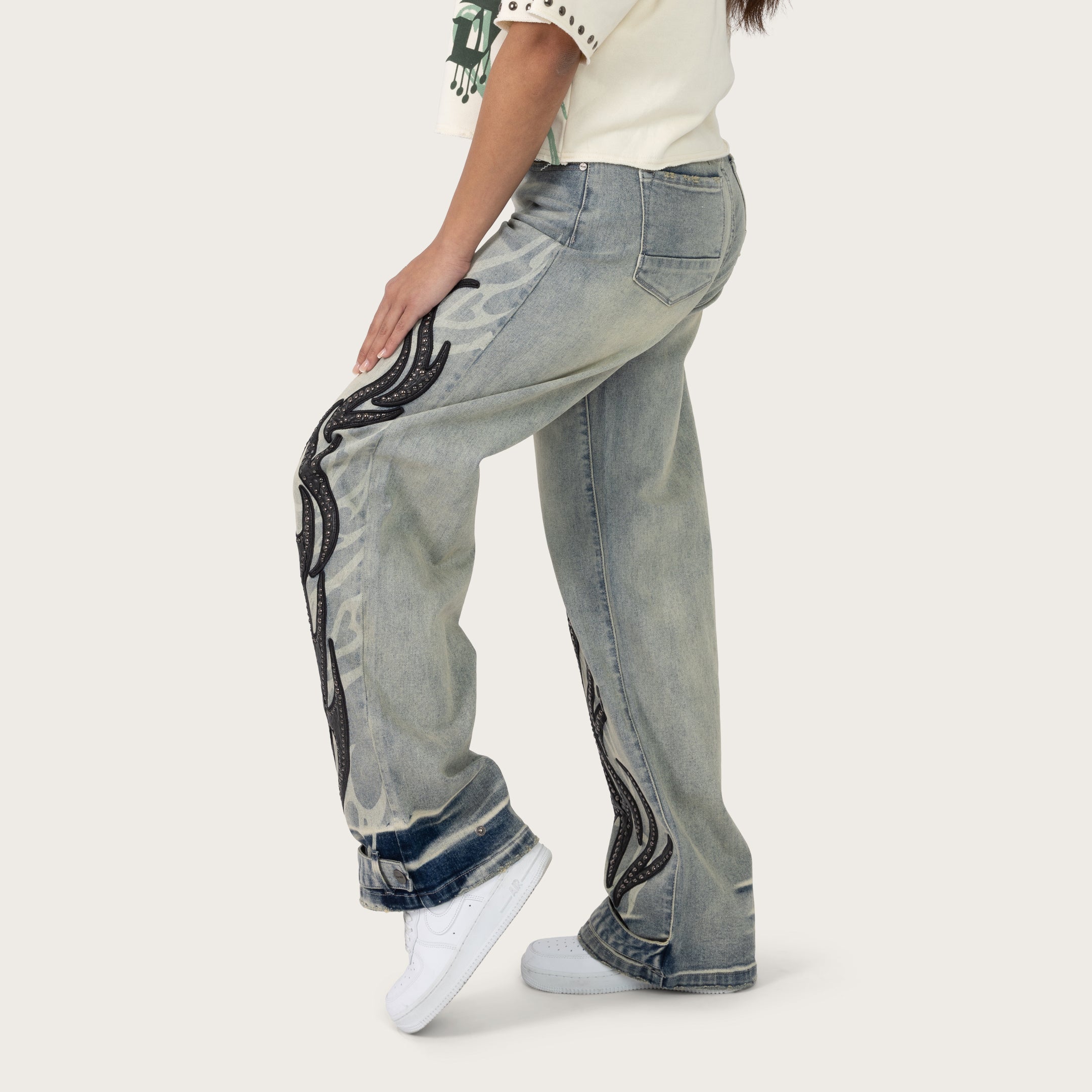 Mid Rise Wide Leg Patched Jeans - Ether Blue