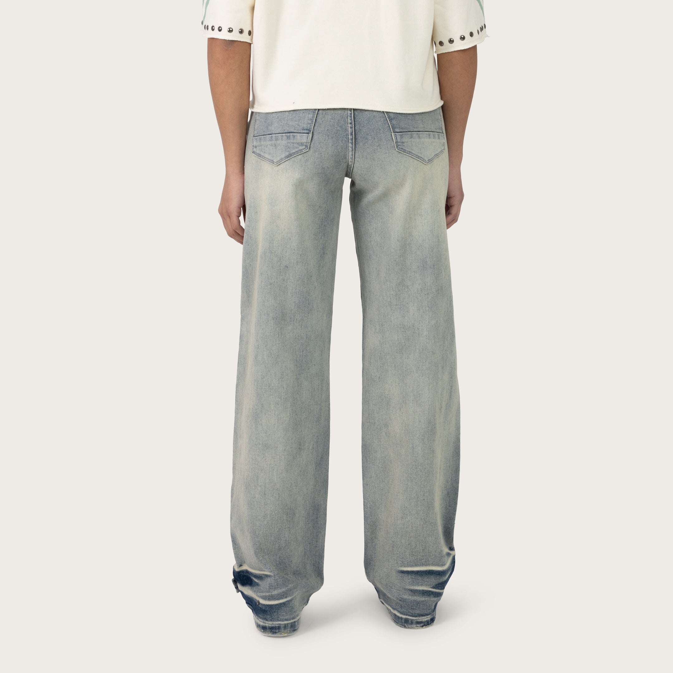 Mid Rise Wide Leg Patched Jeans - Ether Blue