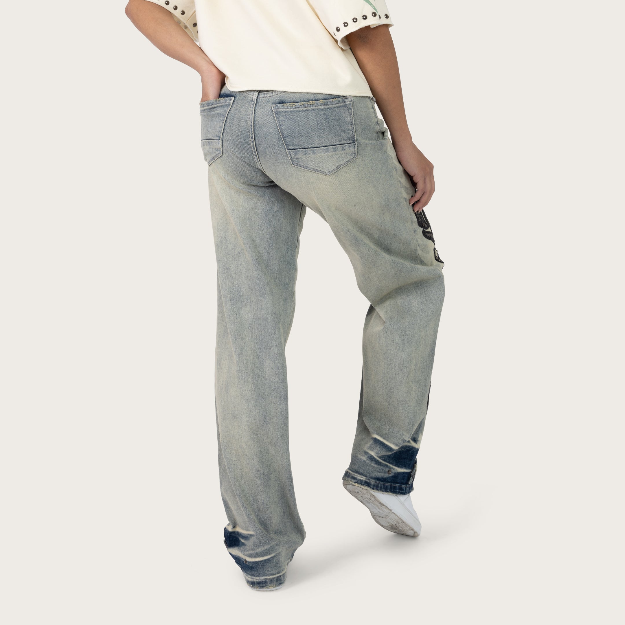 Mid Rise Wide Leg Patched Jeans - Ether Blue