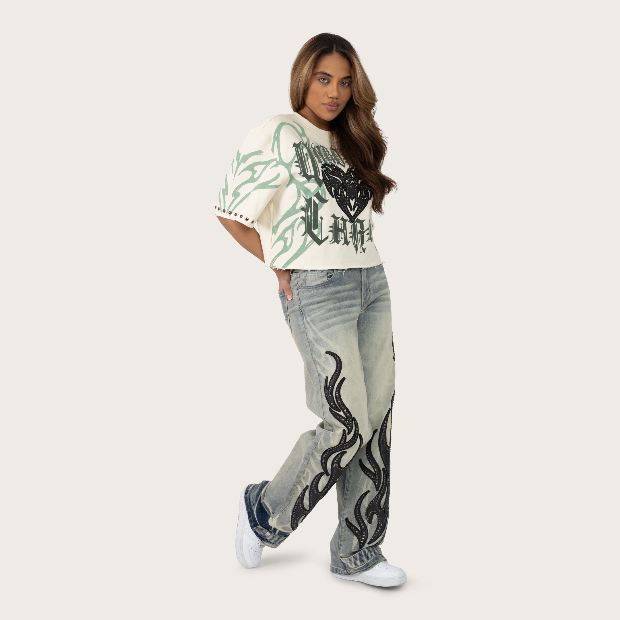 Mid Rise Wide Leg Patched Jeans - Ether Blue