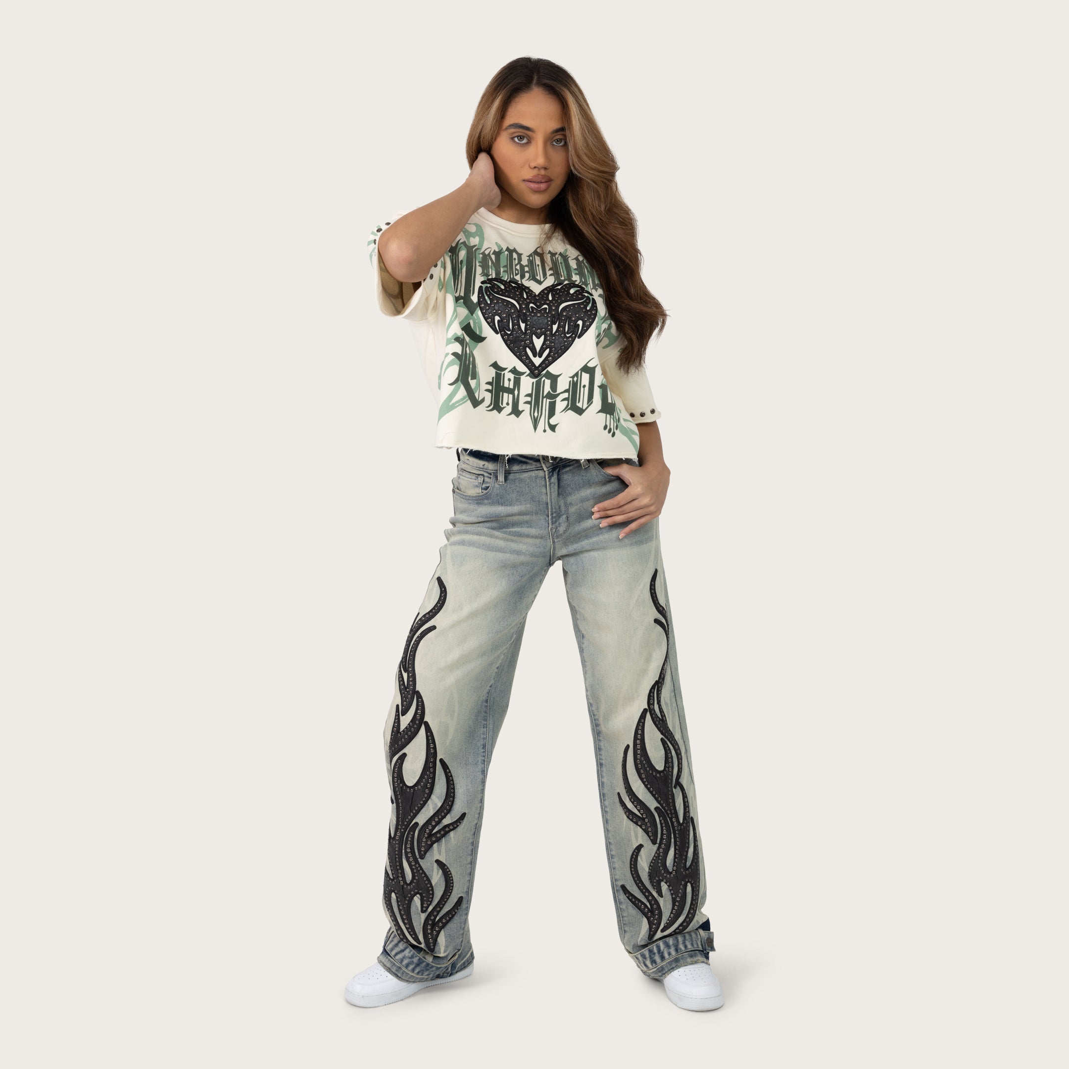 Mid Rise Wide Leg Patched Jeans - Ether Blue