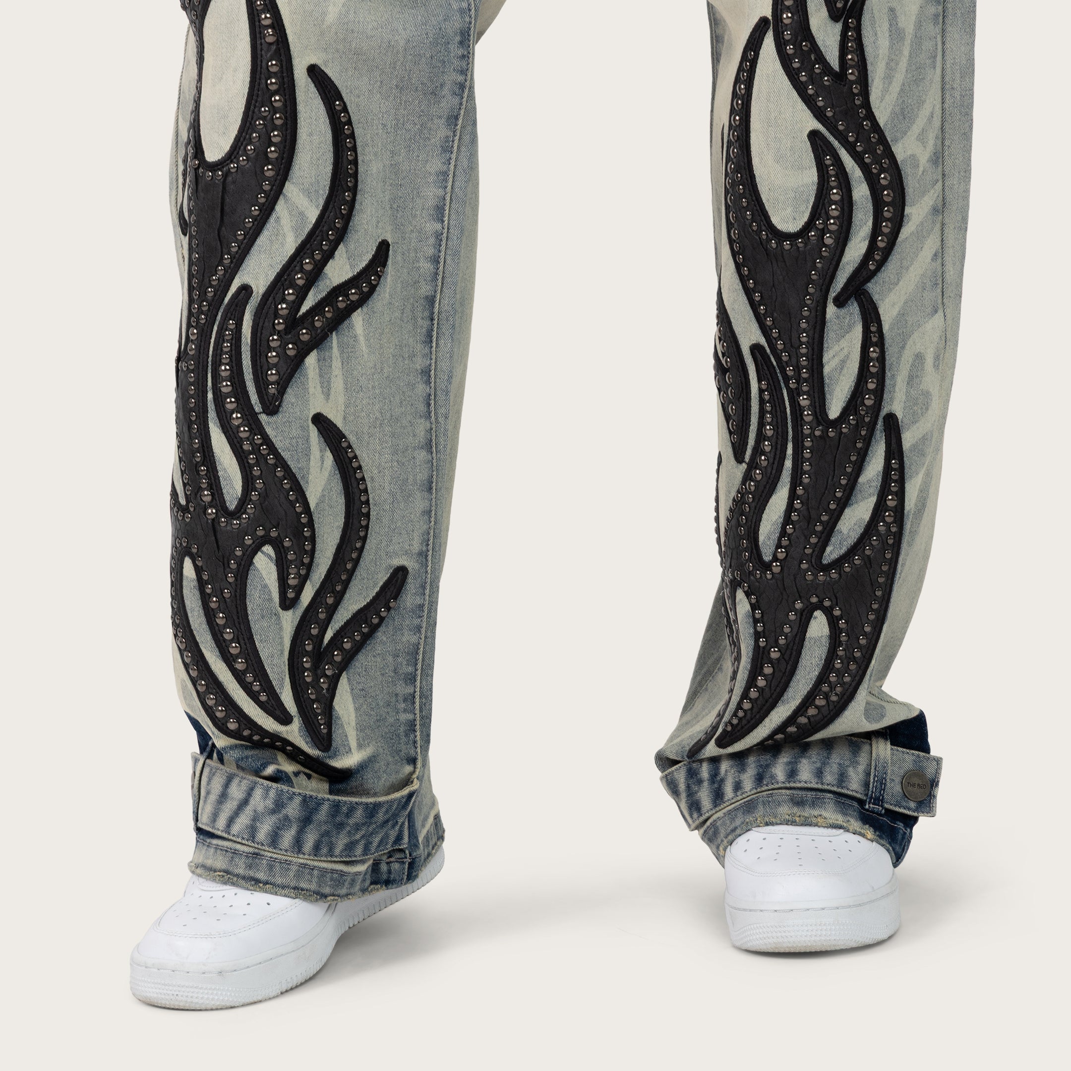 Mid Rise Wide Leg Patched Jeans - Ether Blue