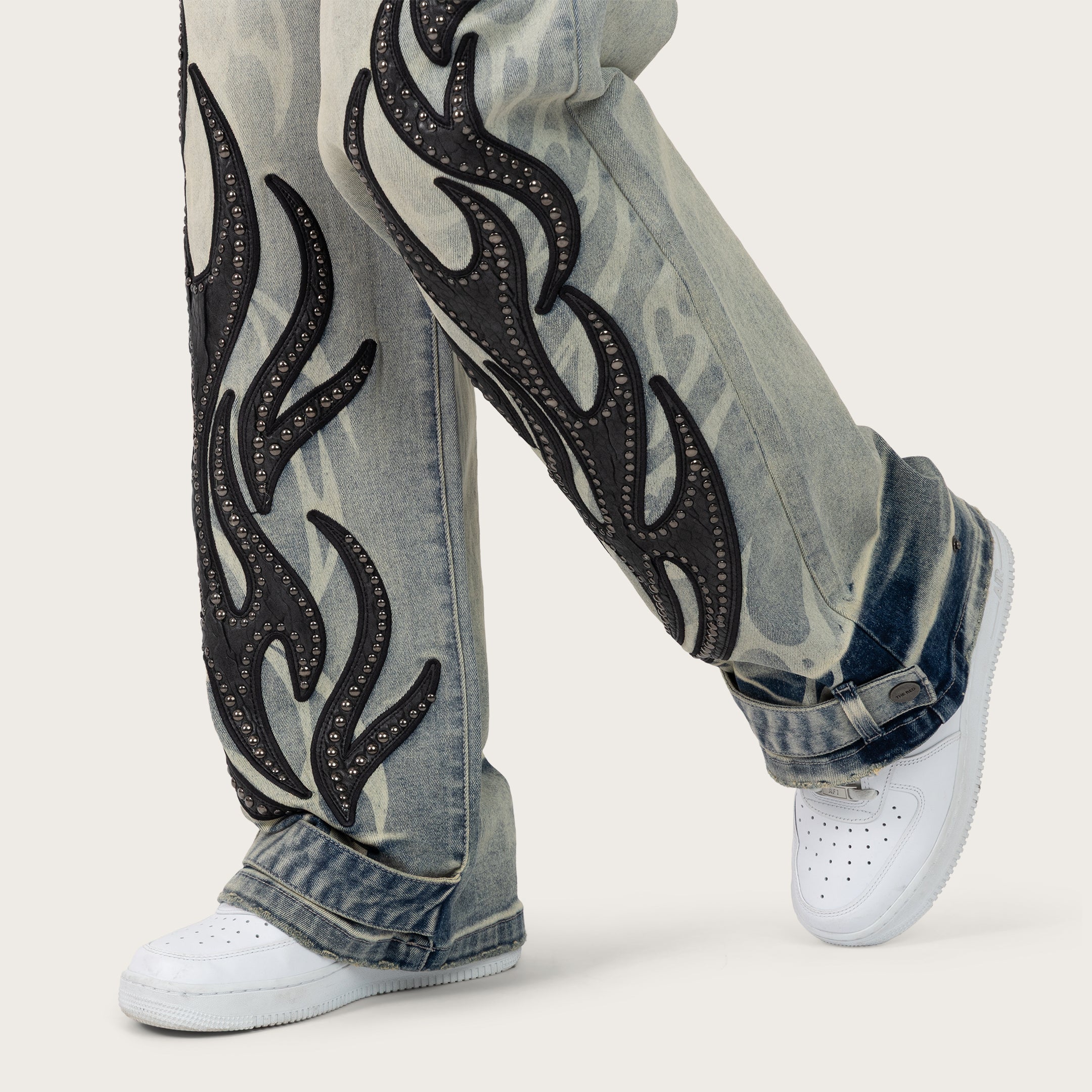 Mid Rise Wide Leg Patched Jeans - Ether Blue