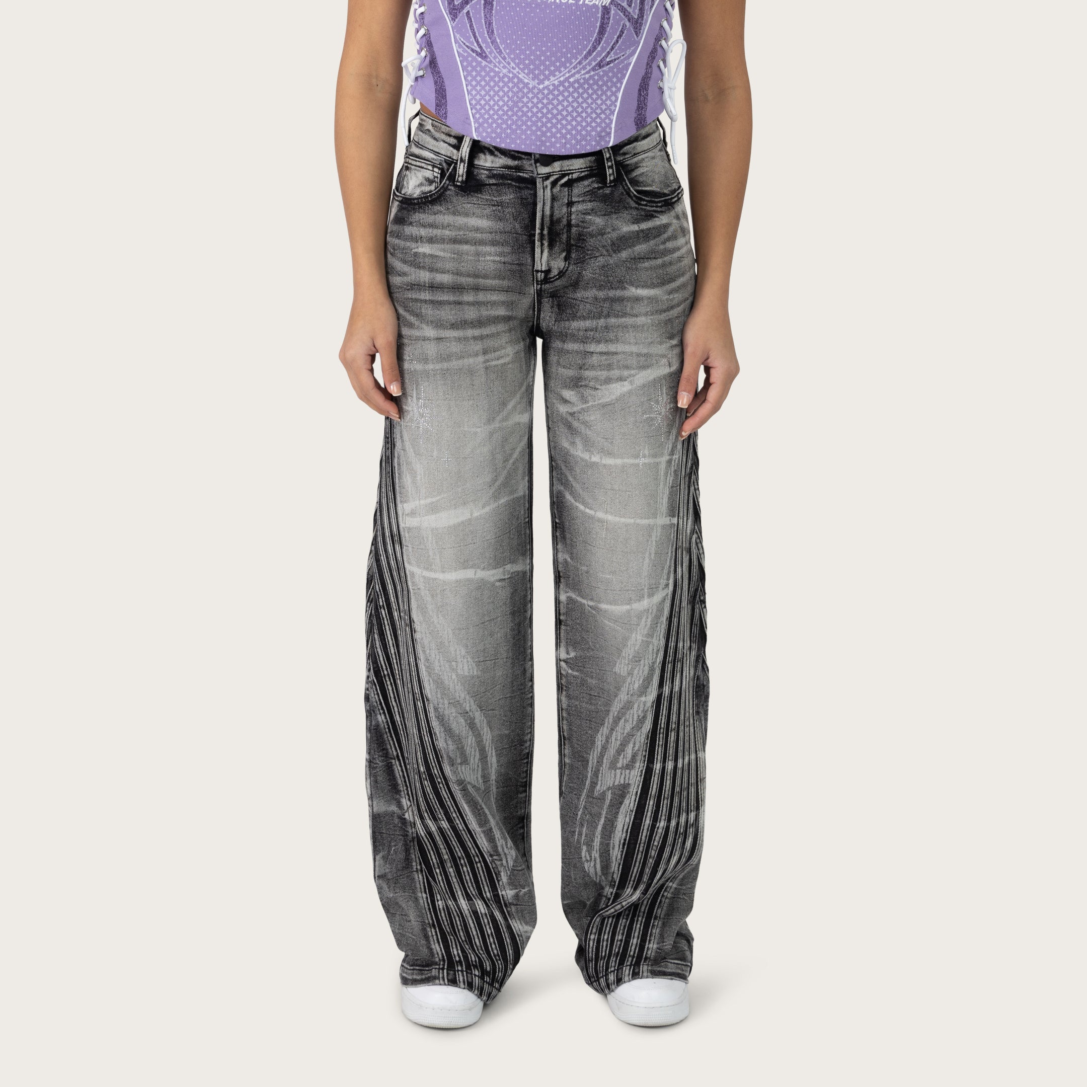 High Rise Wide Leg Printed Jeans - Crystal Black