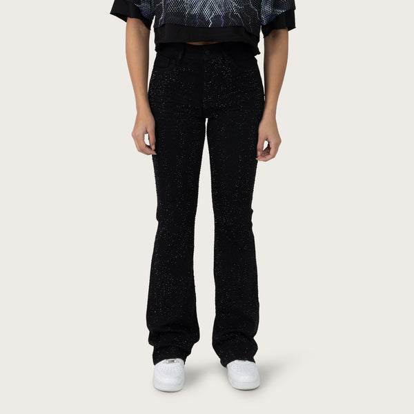 High Rise Bootcut Rhinestone Jeans - Deep Black