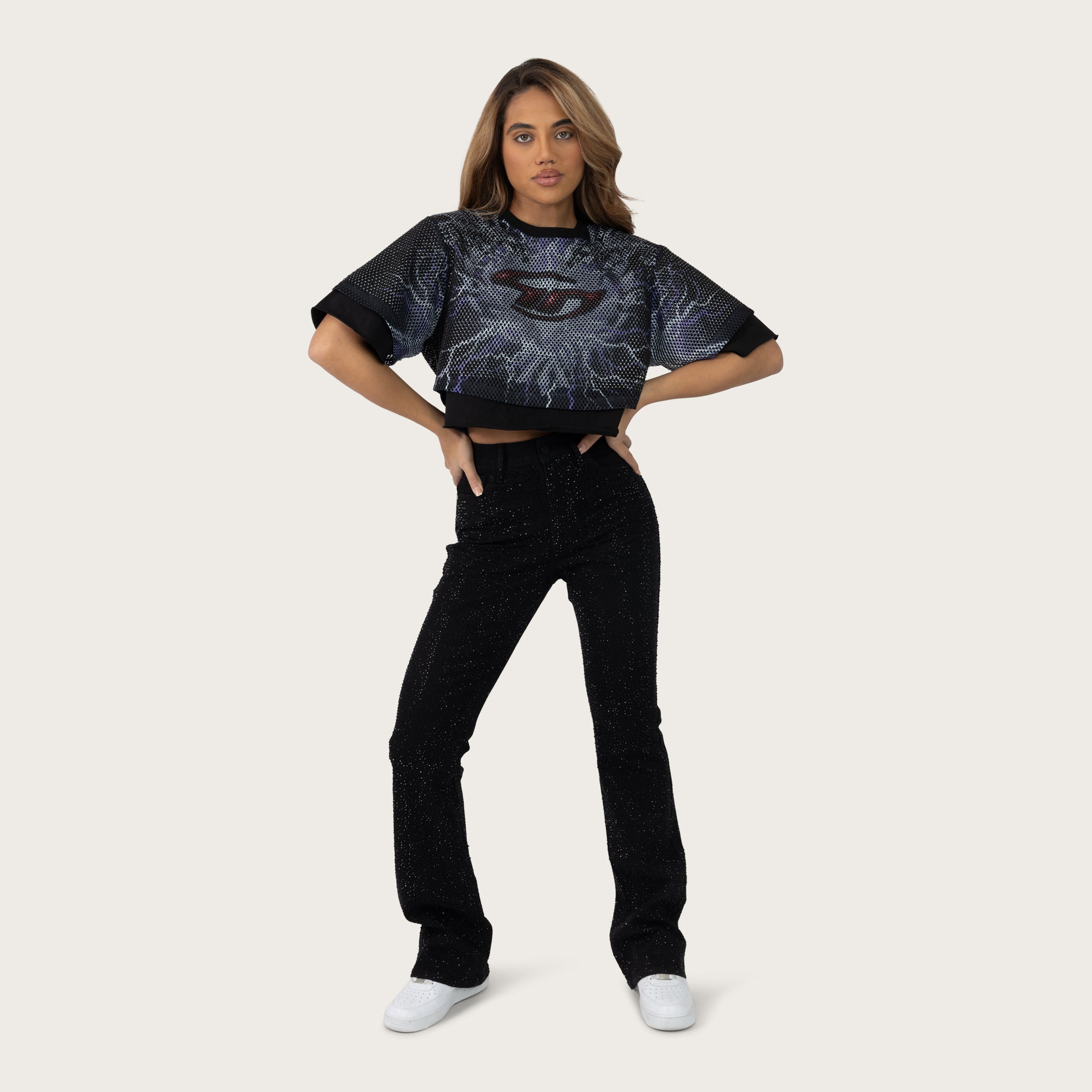 High Rise Bootcut Rhinestone Jeans - Deep Black