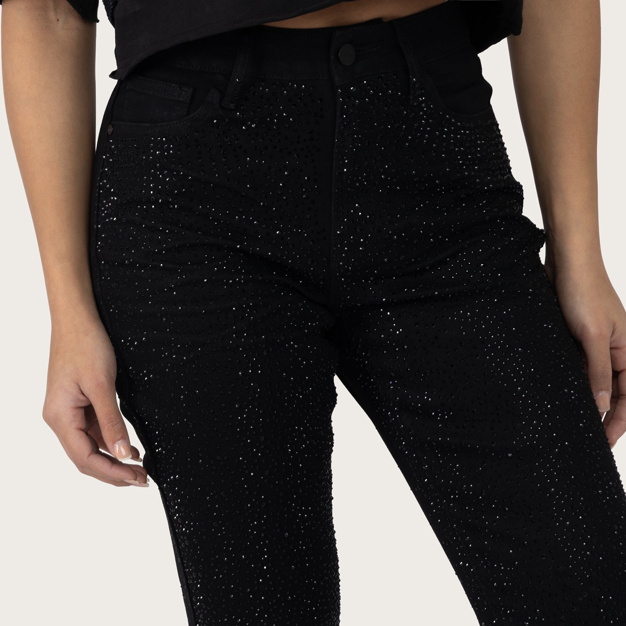 High Rise Bootcut Rhinestone Jeans - Deep Black