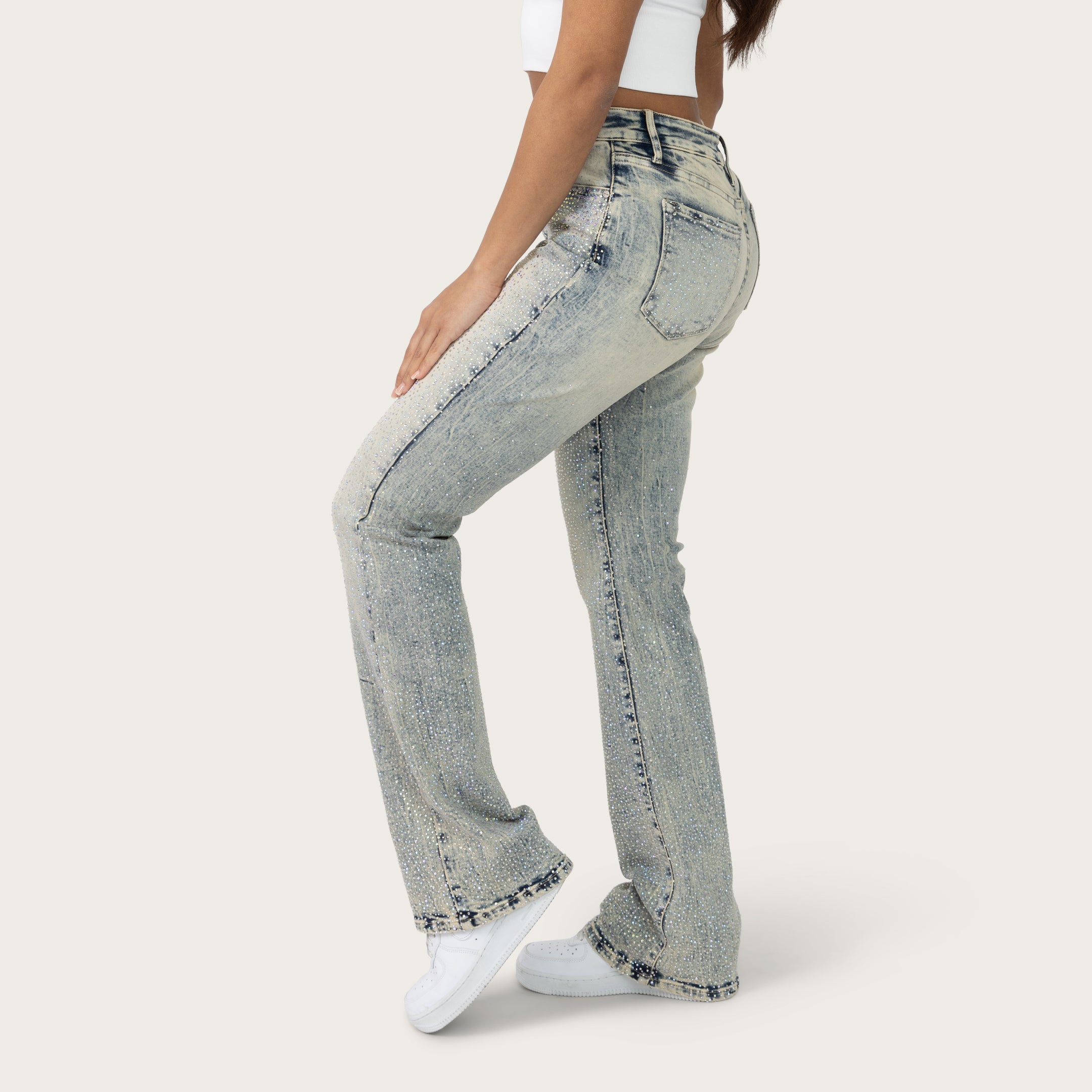 High Rise Bootcut Rhinestone Jeans - Hayden Blue