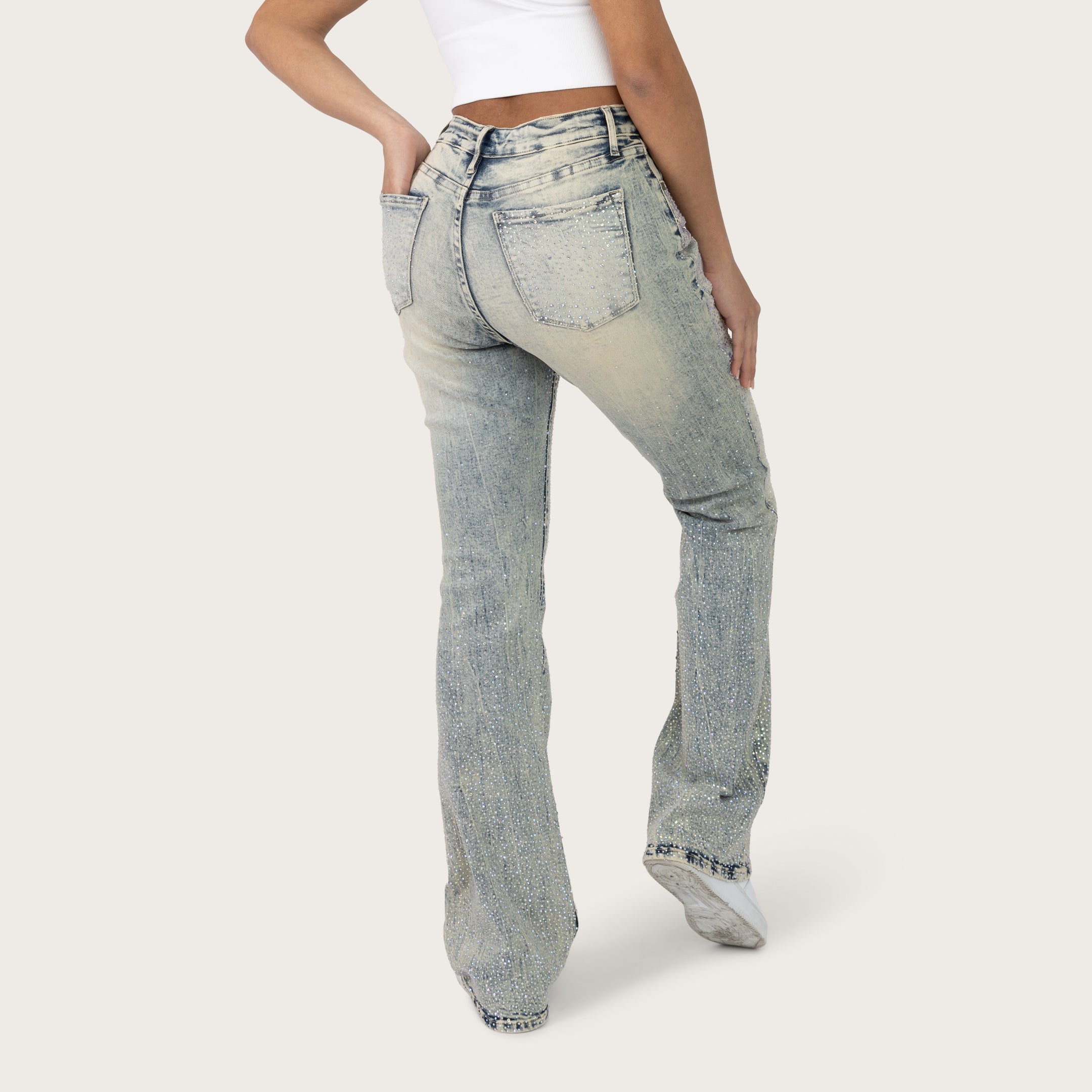 High Rise Bootcut Rhinestone Jeans - Hayden Blue