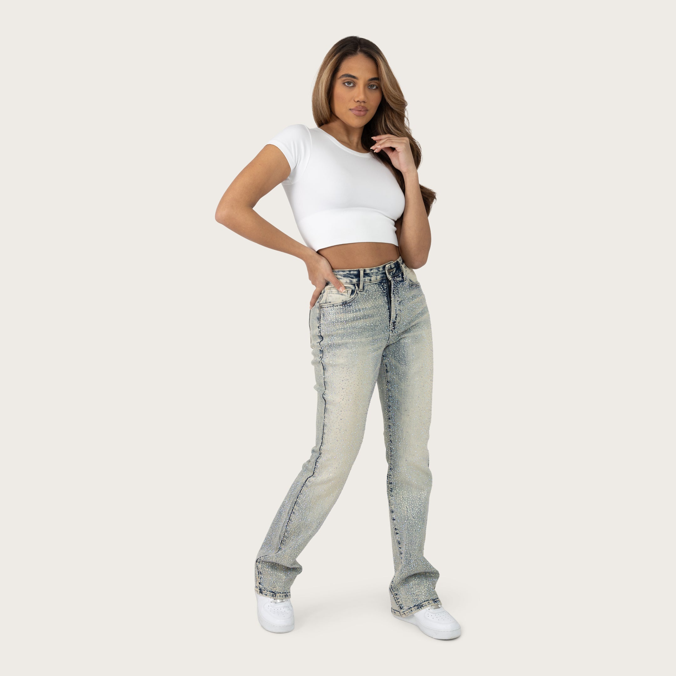 High Rise Bootcut Rhinestone Jeans - Hayden Blue