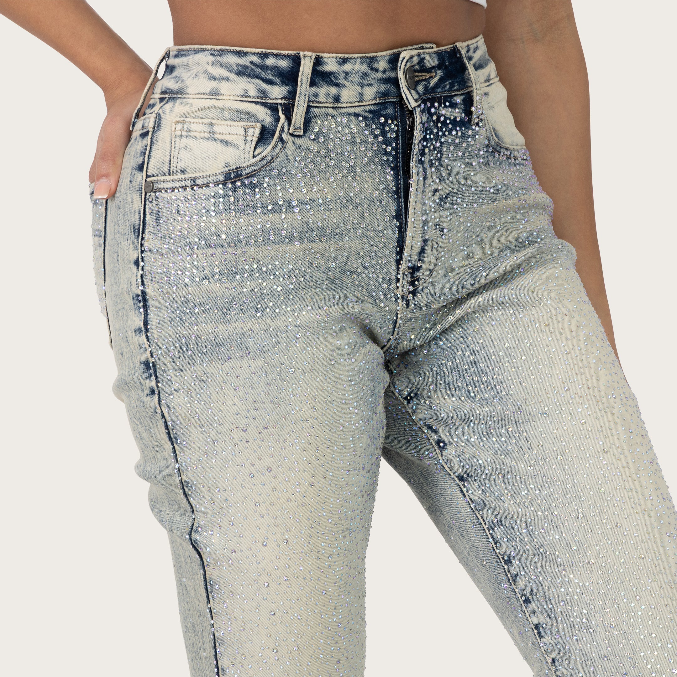 High Rise Bootcut Rhinestone Jeans - Hayden Blue