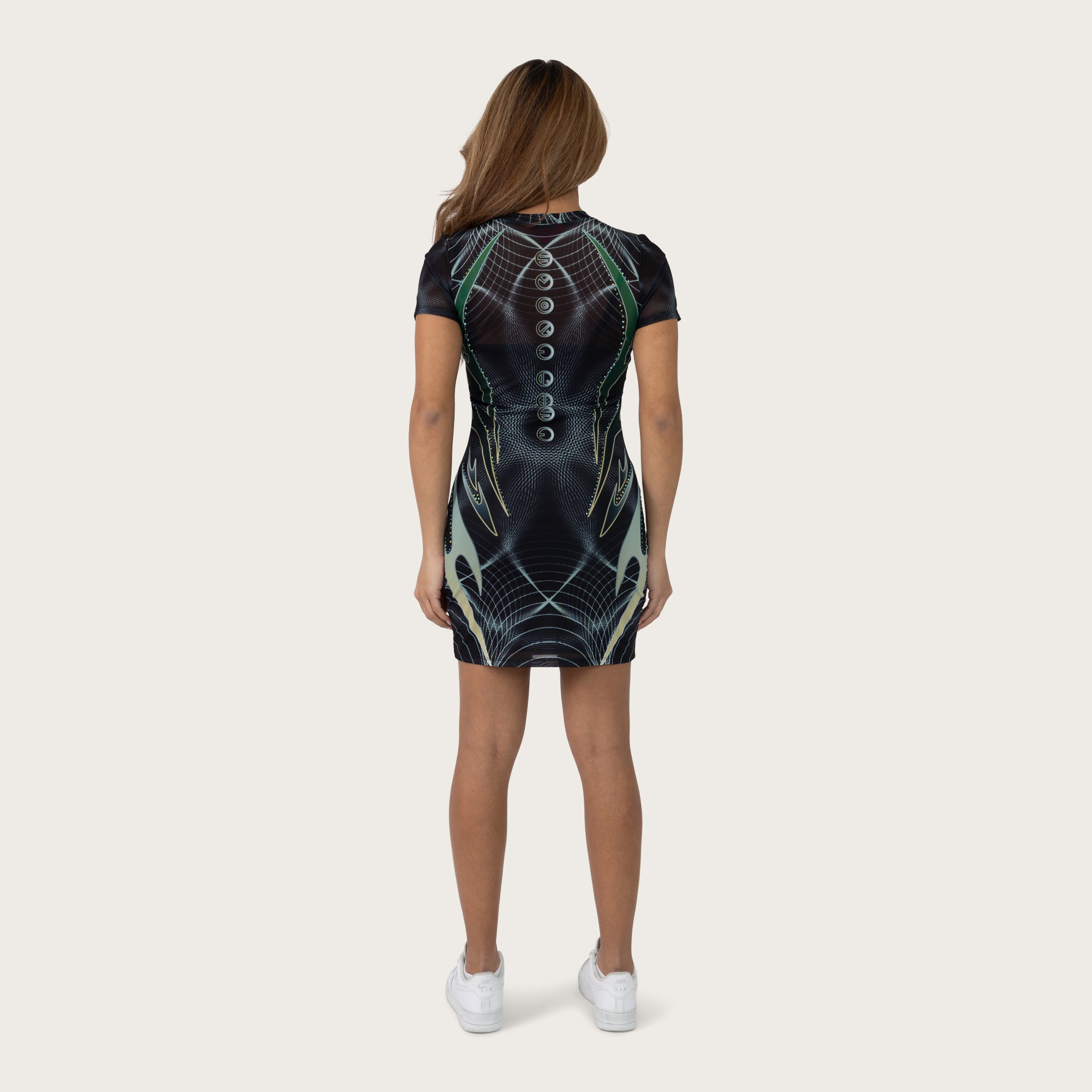 Fitted Print Mesh Dress - Nebula Black