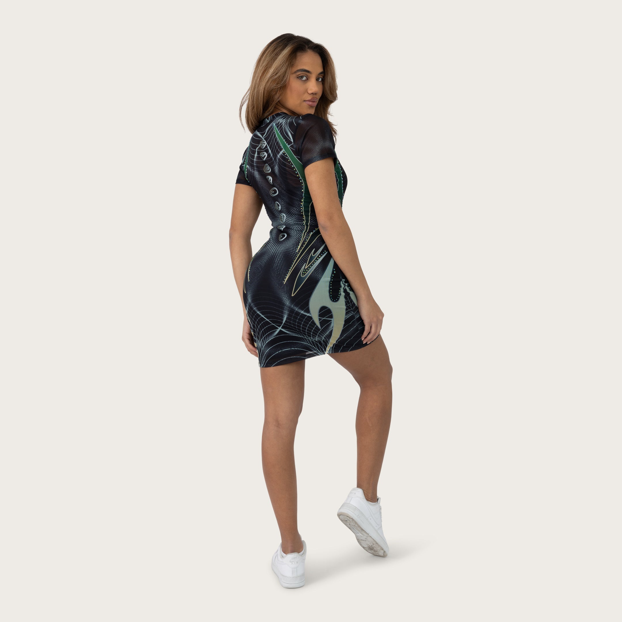 Fitted Print Mesh Dress - Nebula Black