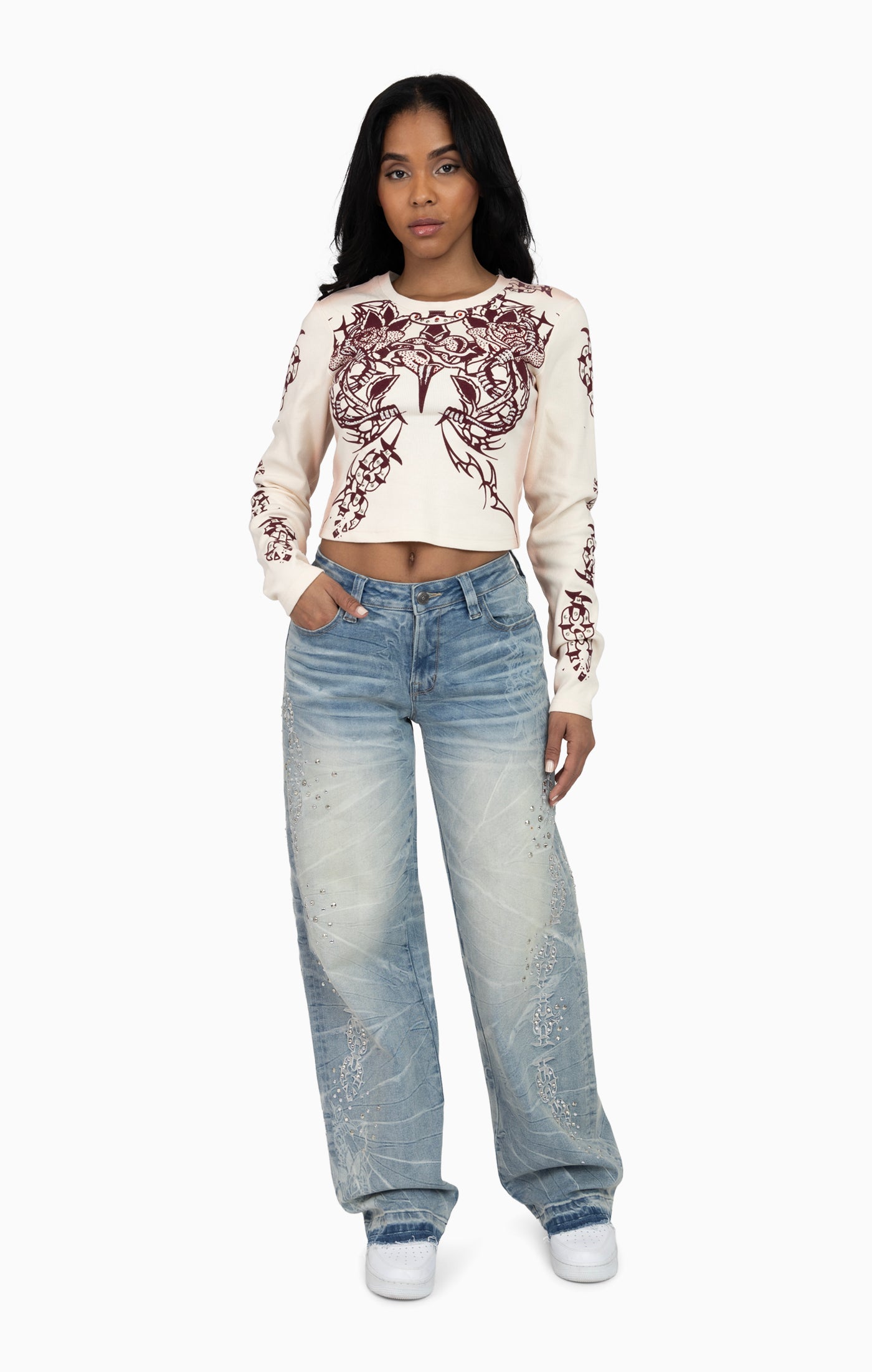 Embellished Ribbed Long Sleeve - Sugar