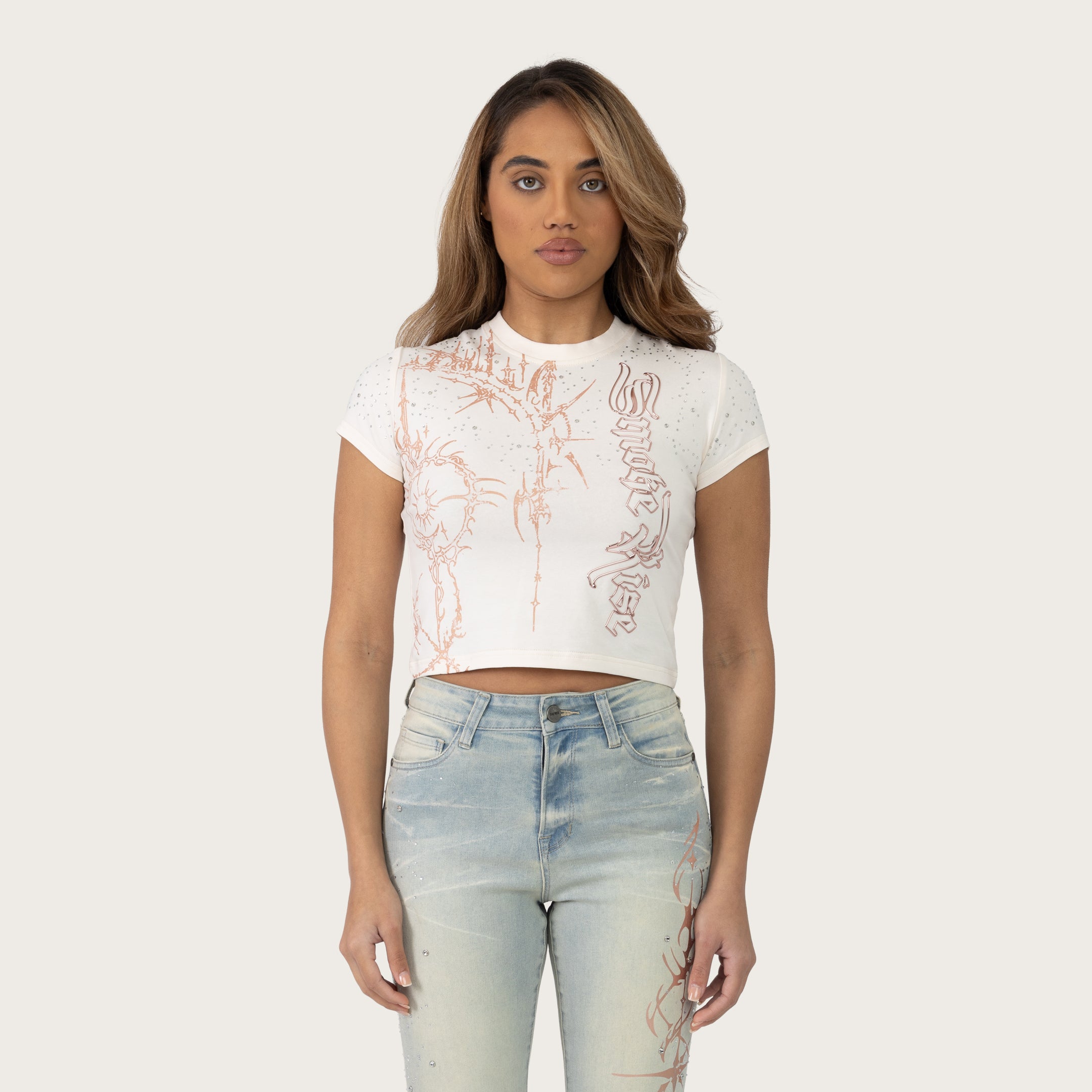 Fitted Rhinestone T-Shirt - Oat Pearl