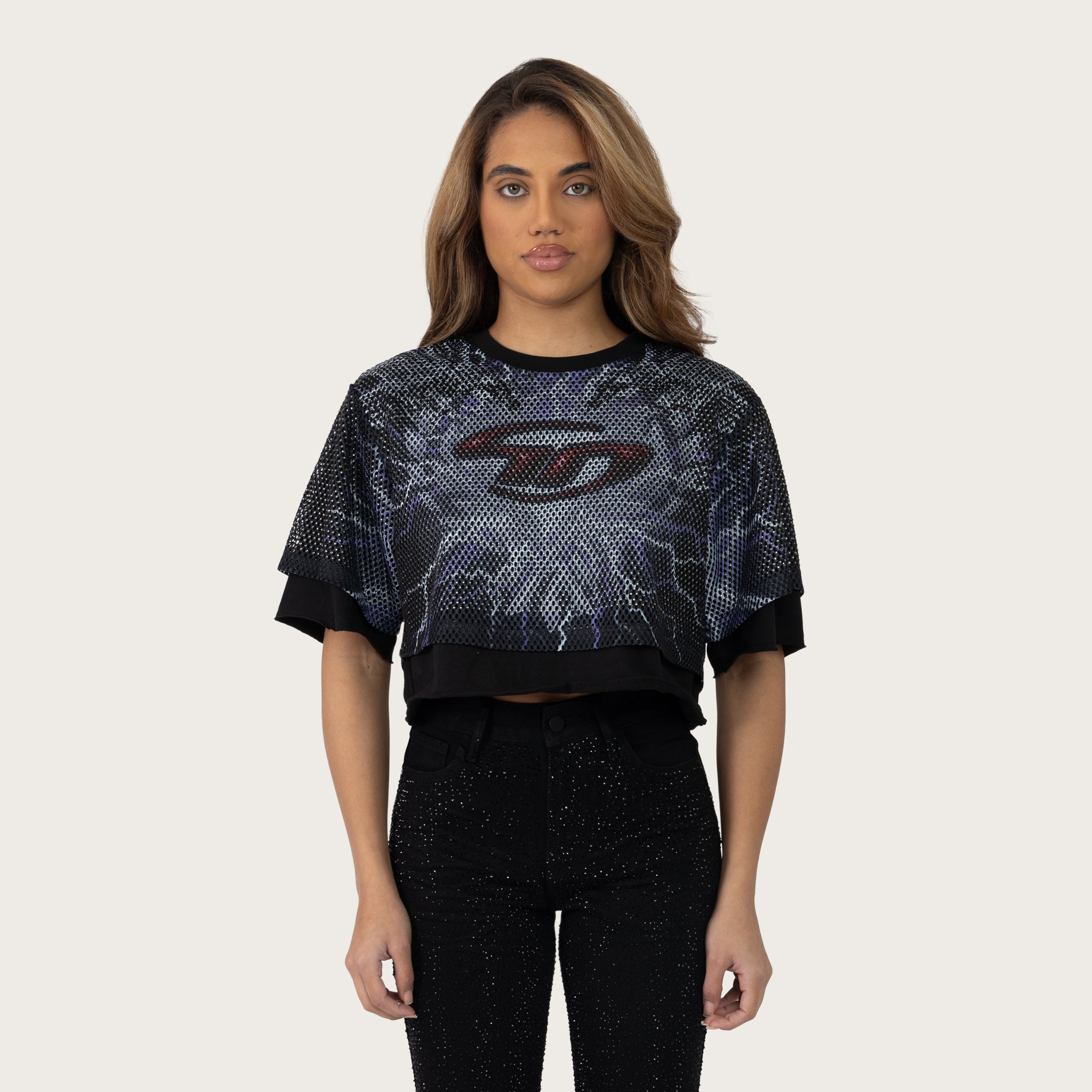 Cropped Rhinestone Mesh Layered T-Shirt - Lilac Black