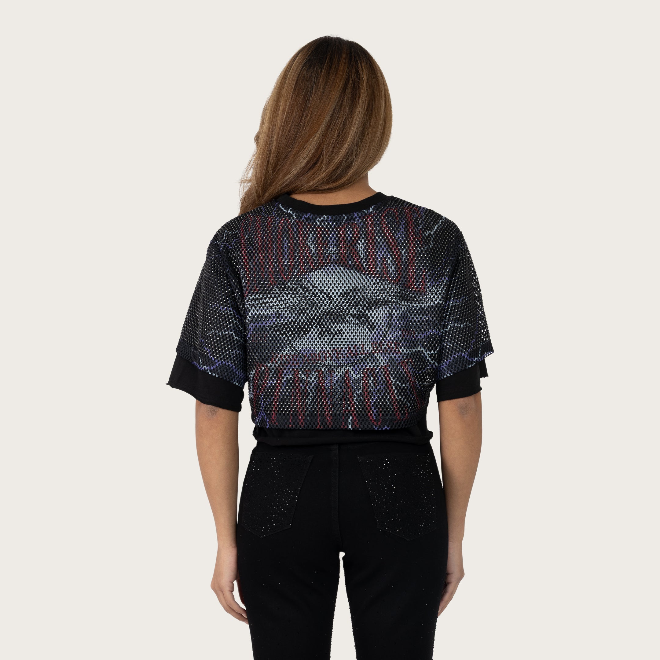 Cropped Rhinestone Mesh Layered T-Shirt - Lilac Black