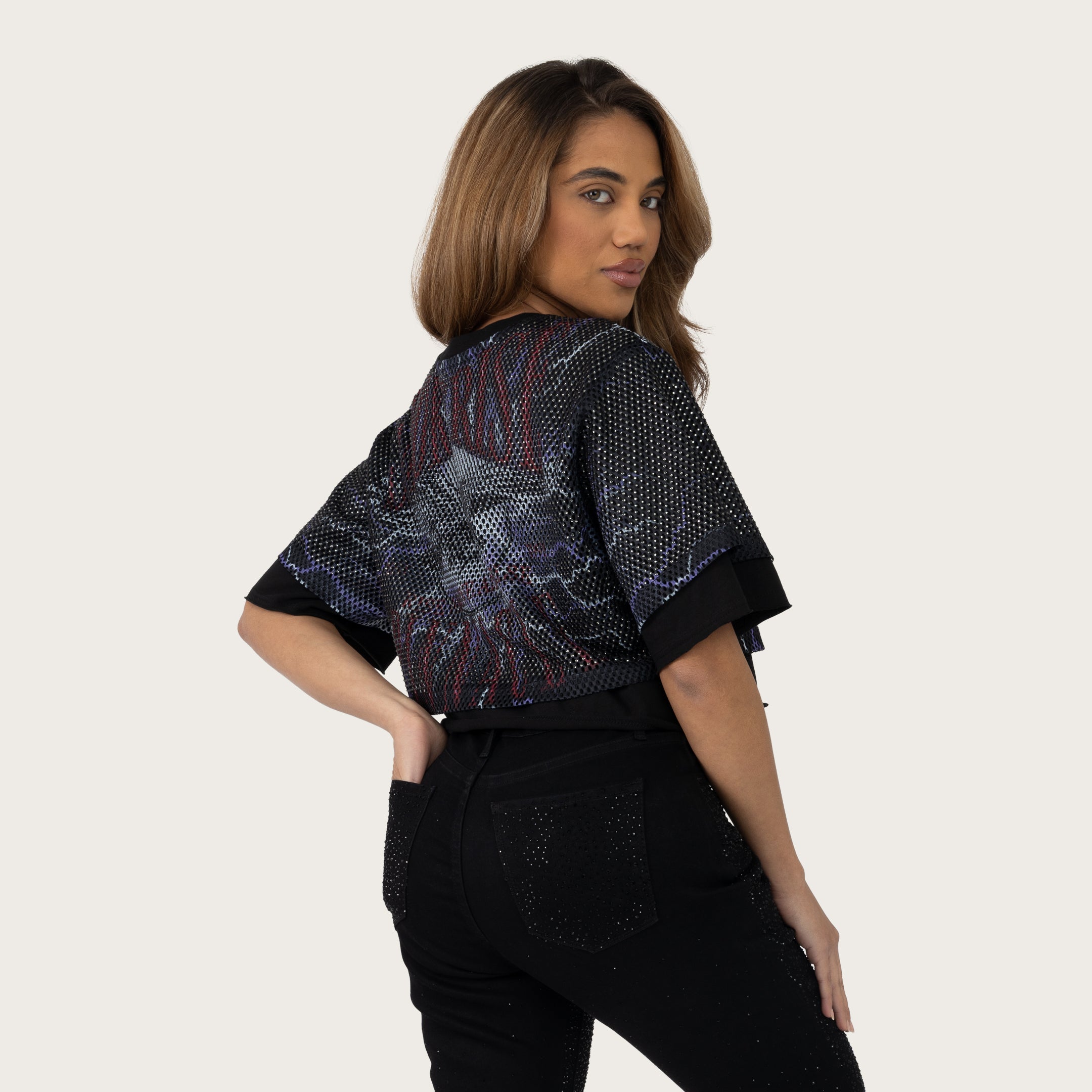 Cropped Rhinestone Mesh Layered T-Shirt - Lilac Black