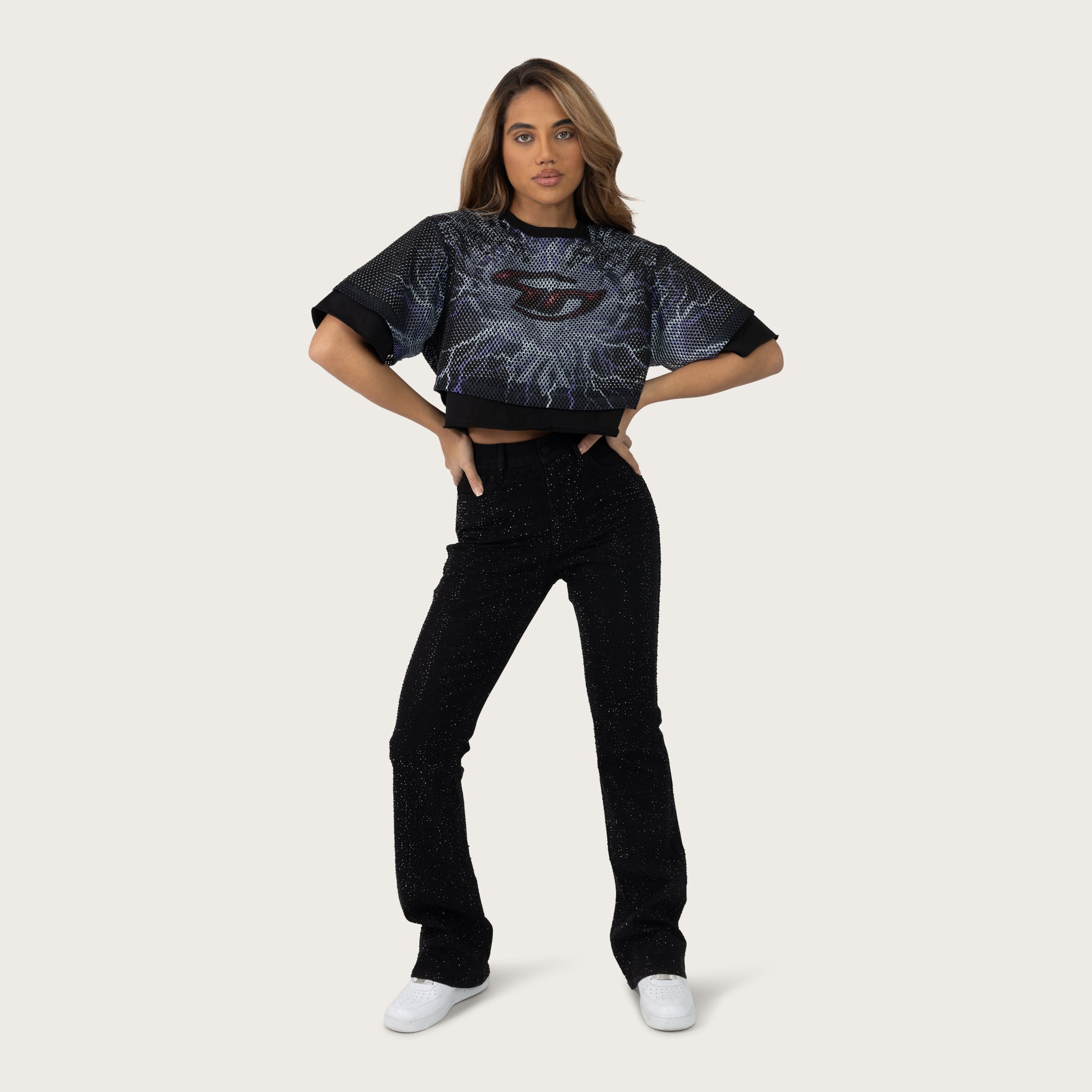 Cropped Rhinestone Mesh Layered T-Shirt - Lilac Black