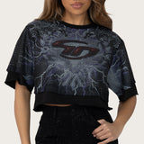 Cropped Rhinestone Mesh Layered T-Shirt - Lilac Black