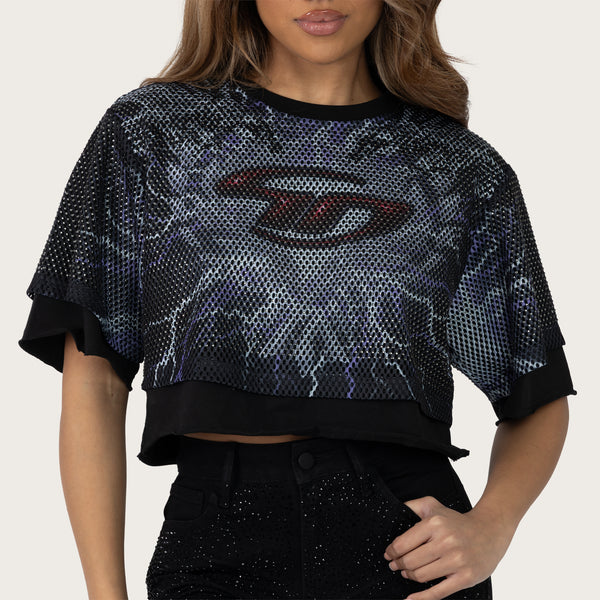 Cropped Rhinestone Mesh Layered T-Shirt - Lilac Black