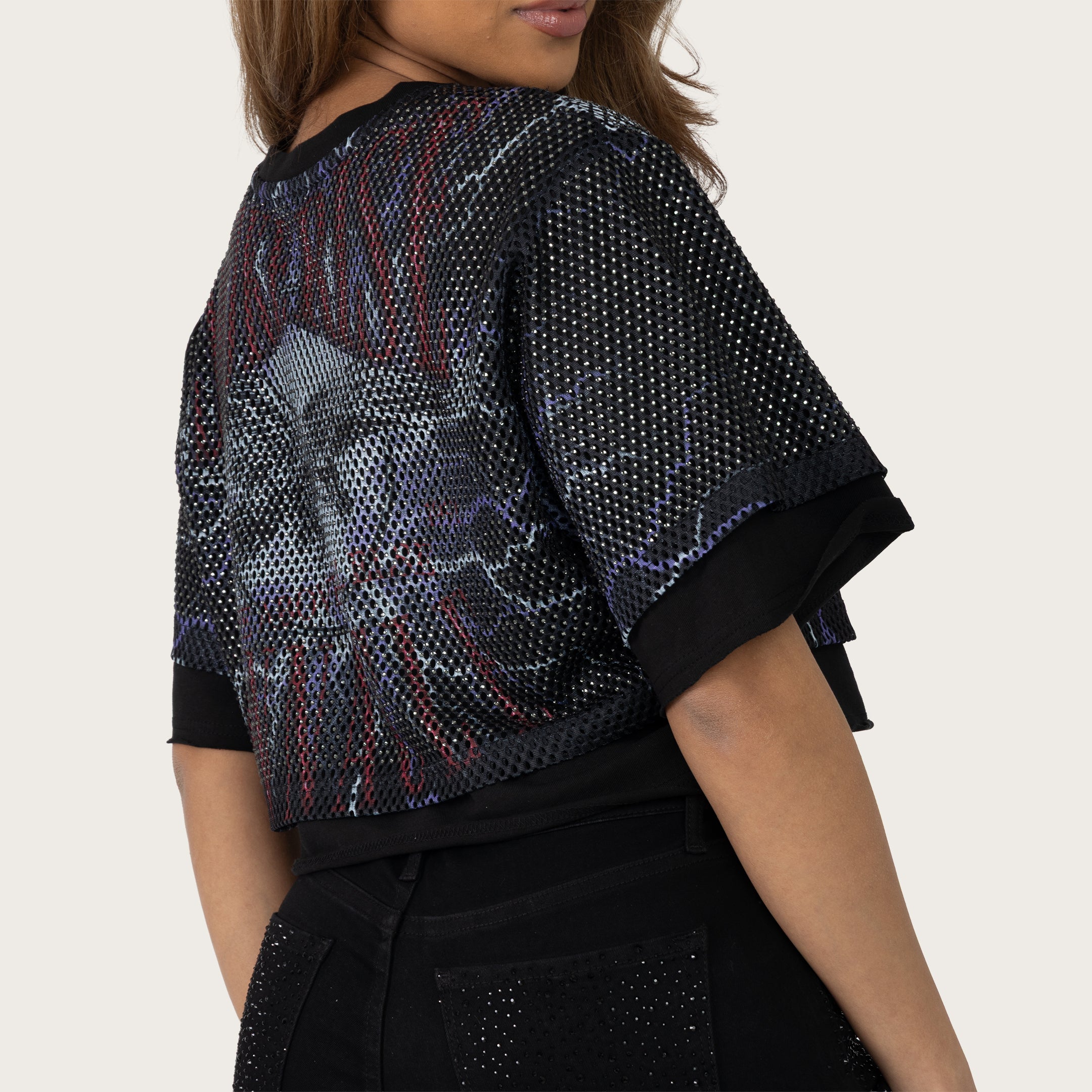 Cropped Rhinestone Mesh Layered T-Shirt - Lilac Black