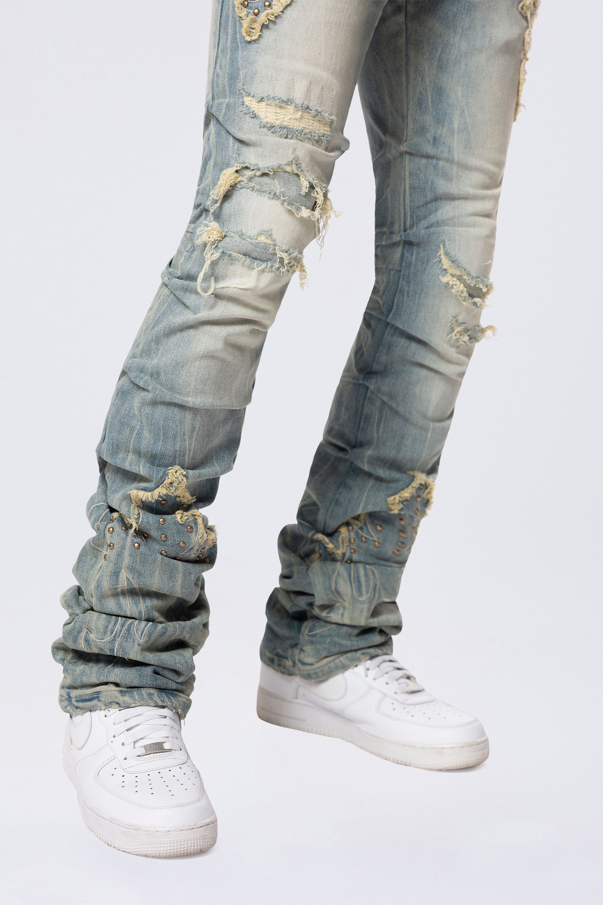 Lazy Stacked Western Studded Jeans - Milky Blue