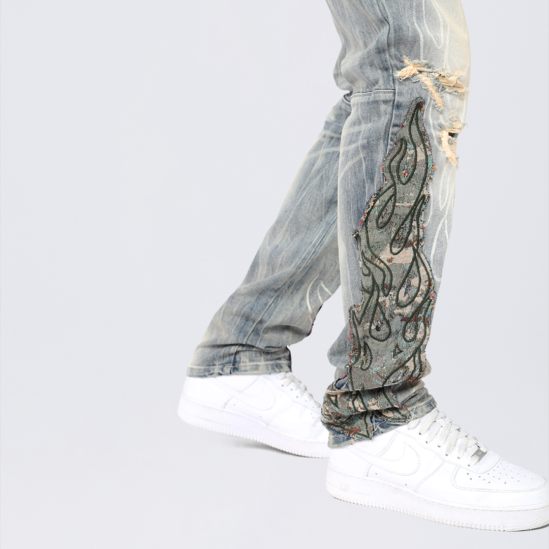 Long Slim Flame Tapestry Jeans