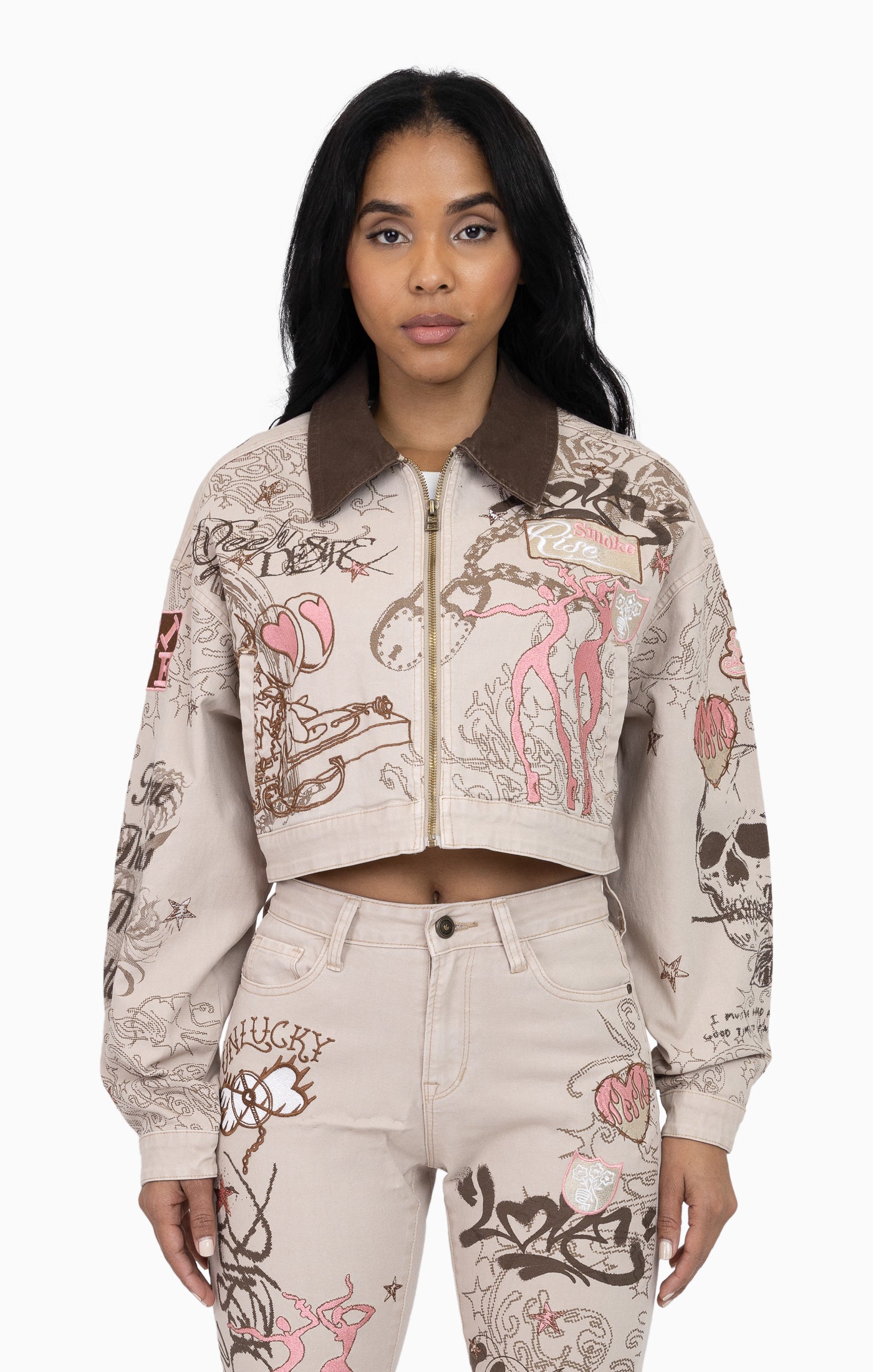 Embroidered Printed Twill Jacket - Doe Skin