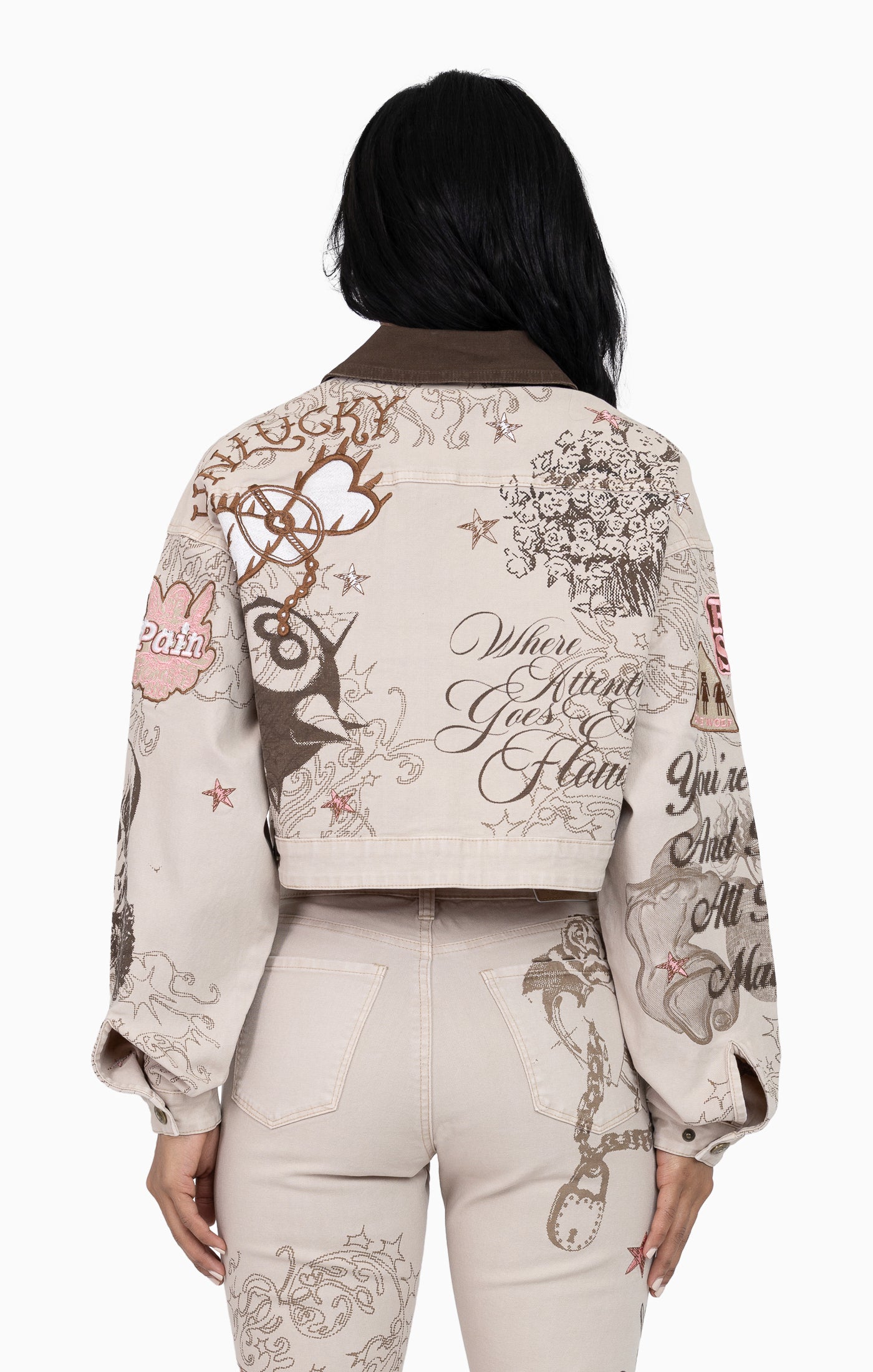 Embroidered Printed Twill Jacket - Doe Skin