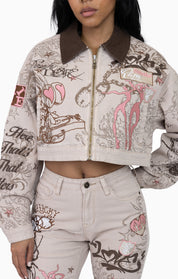 Embroidered Printed Twill Jacket - Doe Skin