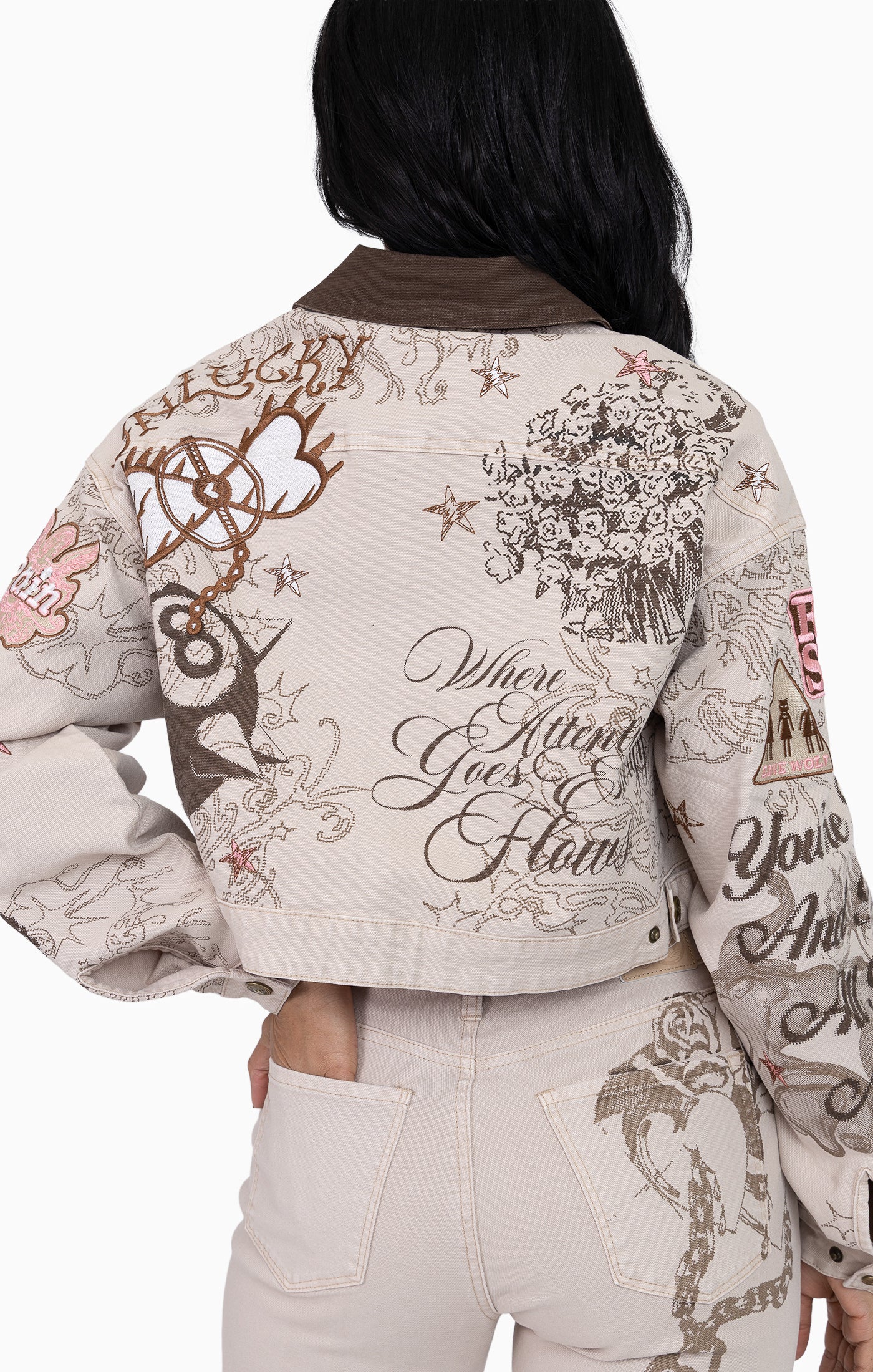 Embroidered Printed Twill Jacket - Doe Skin