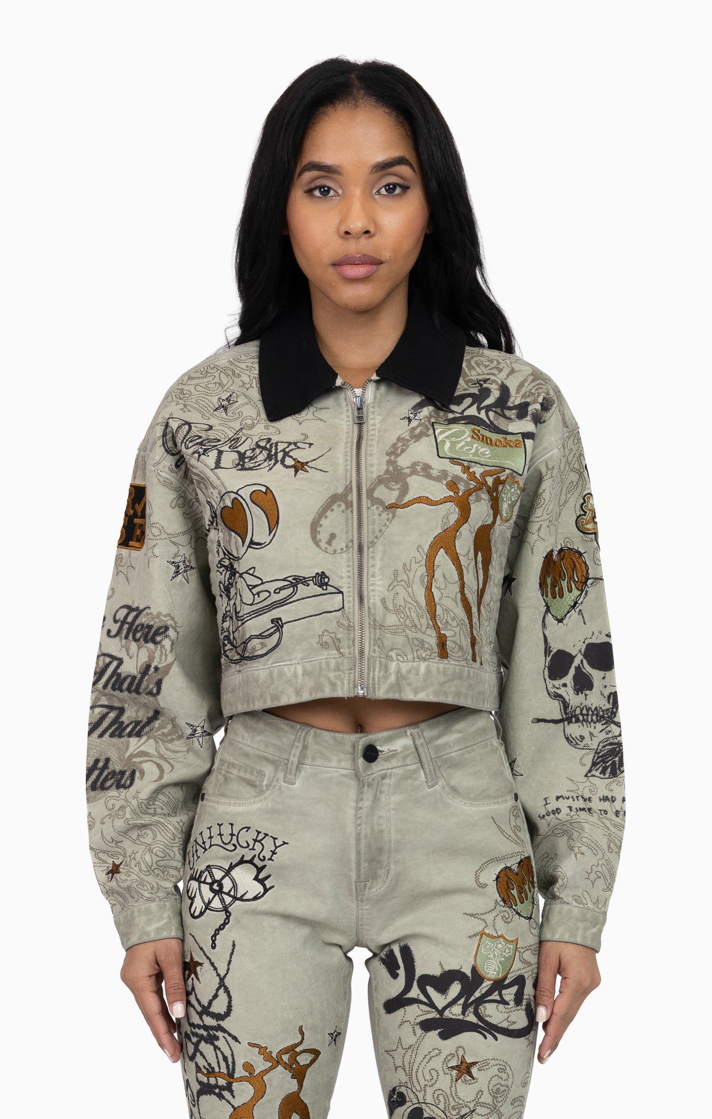 Embroidered Printed Twill Jacket - Tea Green