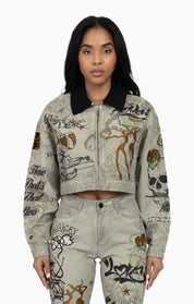 Embroidered Printed Twill Jacket - Tea Green