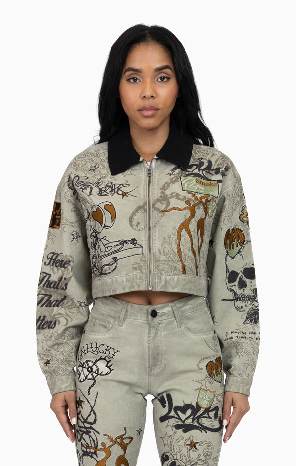 Embroidered Printed Twill Jacket - Tea Green