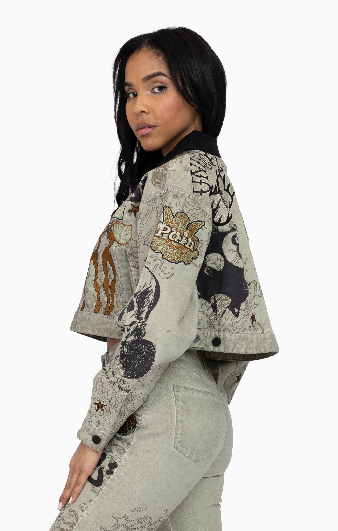 Embroidered Printed Twill Jacket - Tea Green