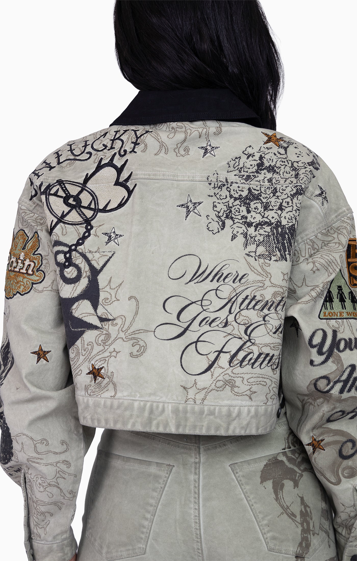 Embroidered Printed Twill Jacket - Tea Green