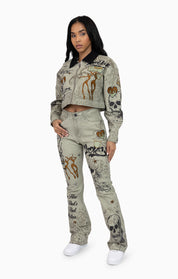 Embroidered Printed Twill Jacket - Tea Green
