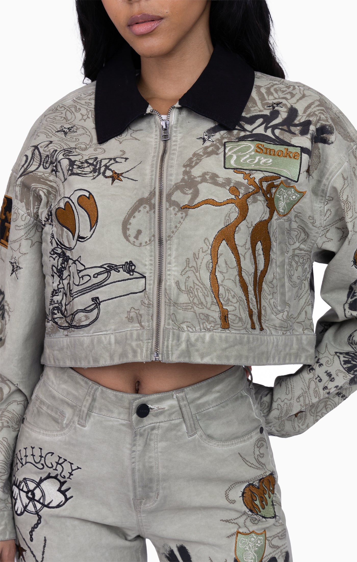 Embroidered Printed Twill Jacket - Tea Green