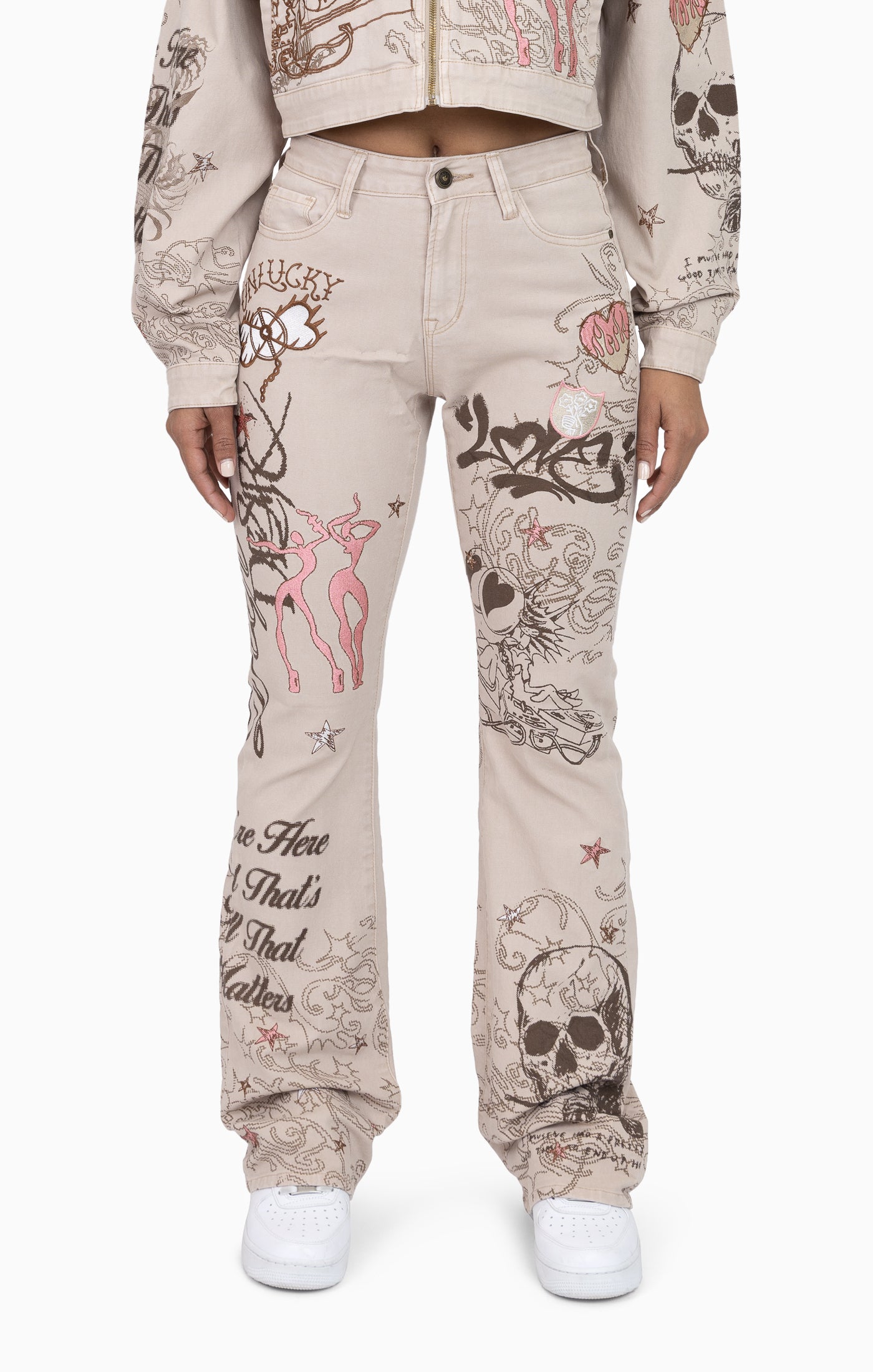 Embroidered Printed Twill Pants - Doe Skin