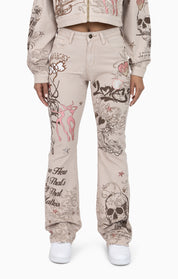 Embroidered Printed Twill Pants - Doe Skin
