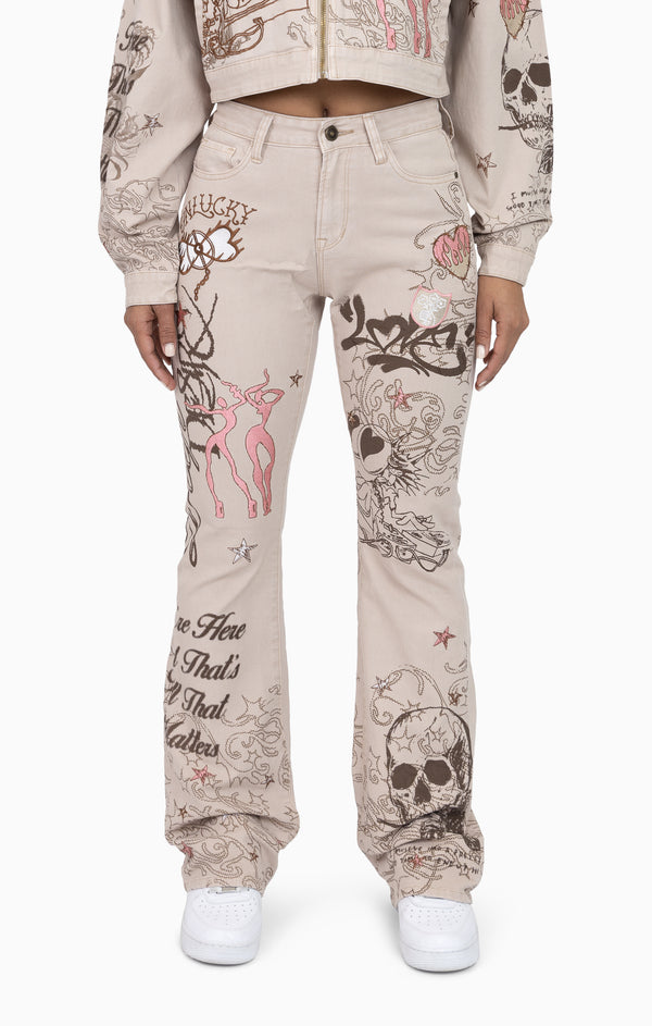 Embroidered Printed Twill Pants - Doe Skin