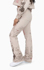 Embroidered Printed Twill Pants - Doe Skin