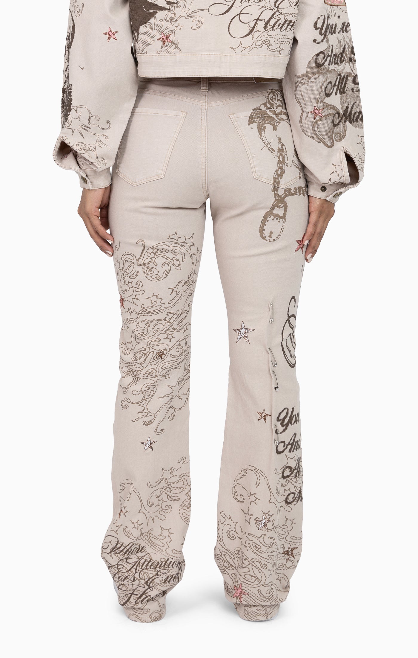 Embroidered Printed Twill Pants - Doe Skin