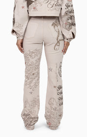 Embroidered Printed Twill Pants - Doe Skin